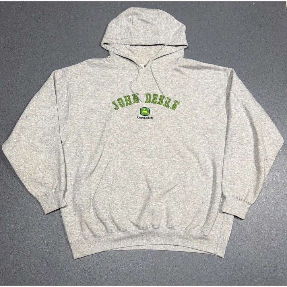 John Deere Pullover Hoodie Tractor Men's  XXL Gray Graphic Logo Fleece Y2K